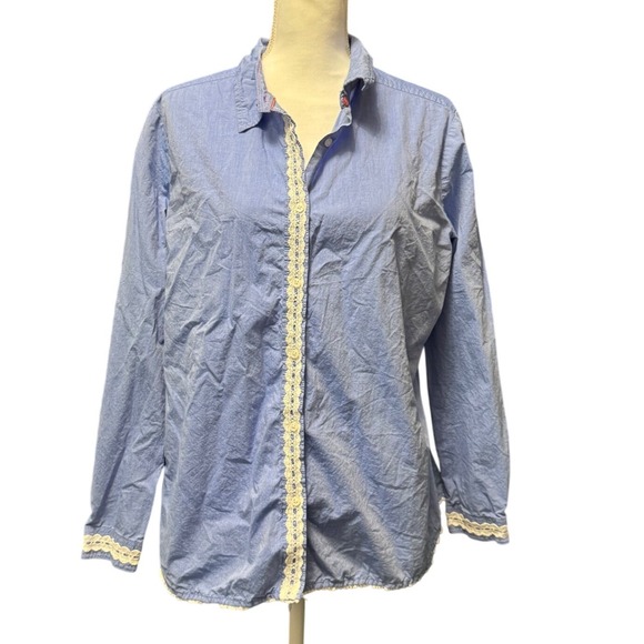 Hannah Tops - Hannah Blue Chambray Lace Trim Button Up Cottagecore Blouse XL‎
